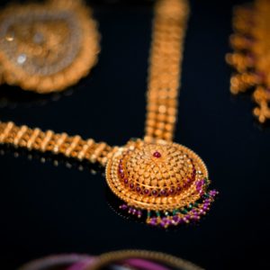 gold and purple beaded necklace